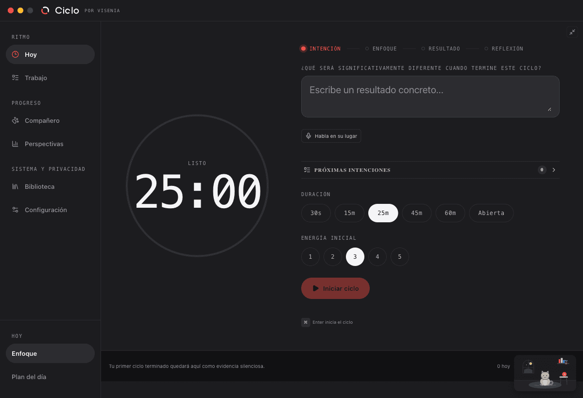 Ciclo: pantalla de enfoque con el temporizador